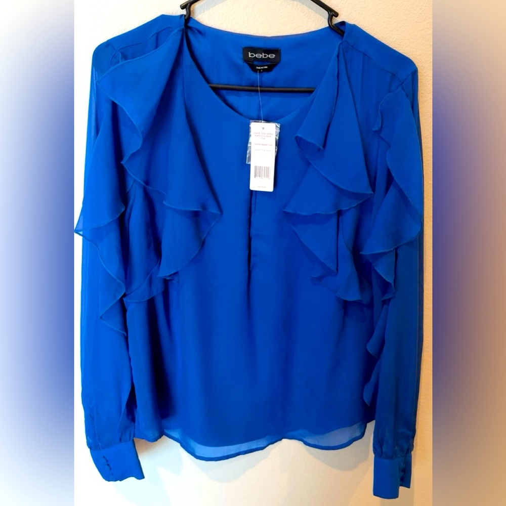 Bebe Top Blouse Cascading Ruffle Keyhole Long Sleeves NWT Size L – Royal Blue